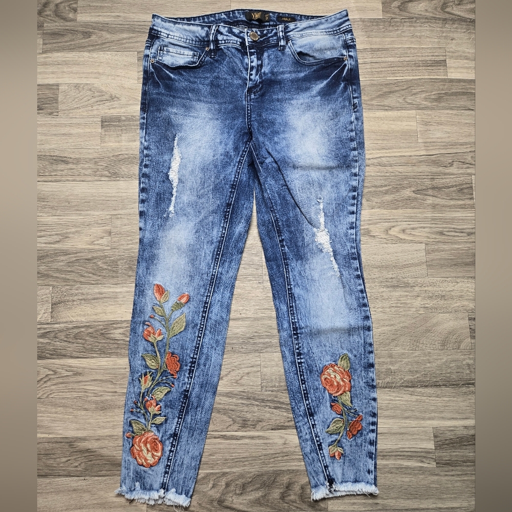 YMI Acid Wash Distressed Floral Embroidered Skinny Jeans